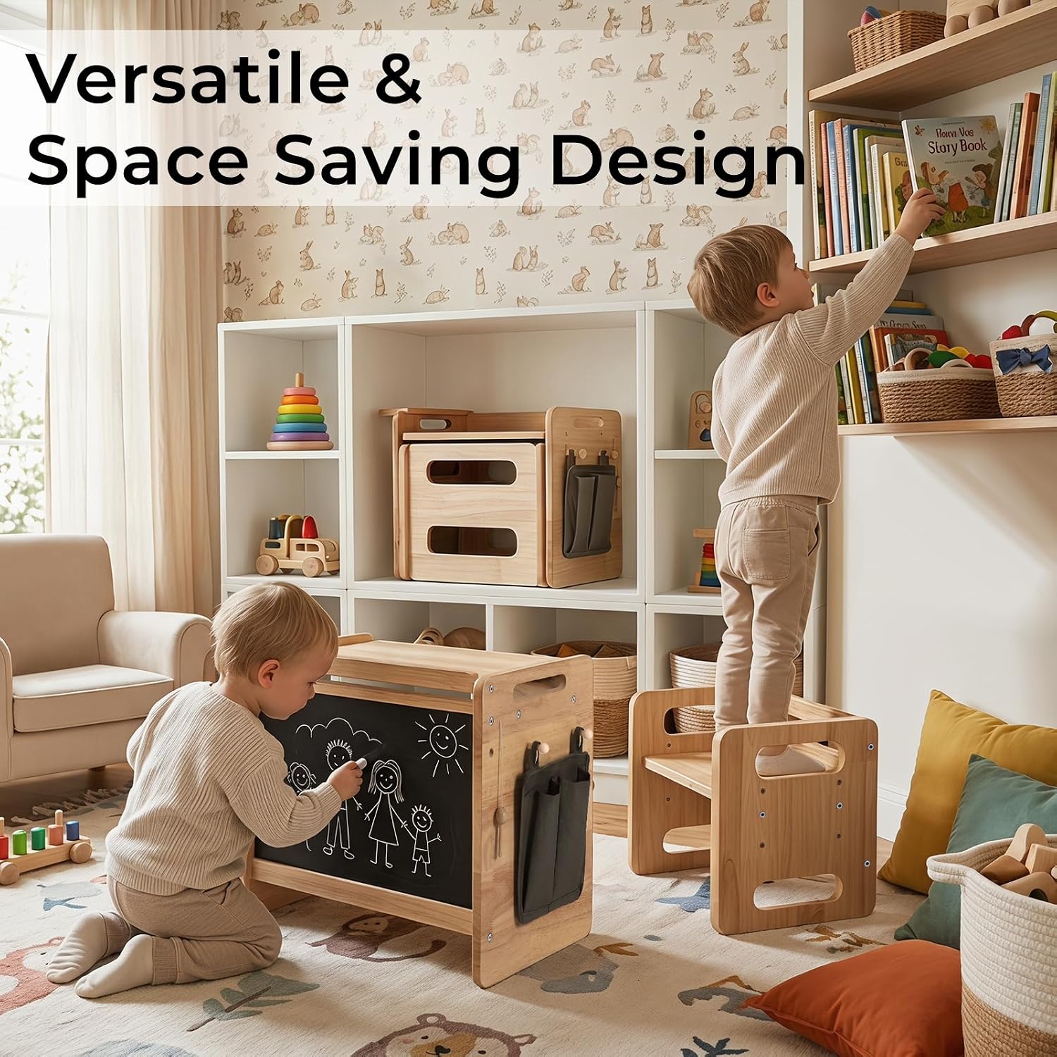 Rubber Wood Montessori Table and Chair,Toddler Tower Set, Wooden Kids Activity Toddler Table and Chair with Adjustable Height, Ideal for Eating, Reading, Drawing, Step Stool (Rubber Wood)