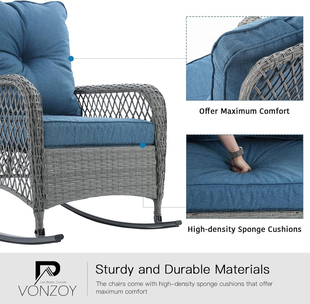 Patio Furniture Set 3 Pieces, Wicker Outdoor Rocking Bistro Set, Blue | VONZOY Outdoor Rocker Chairs with 4" Thick Cushions and Coffee Table for Porch, Backyard or Garden