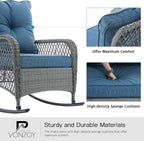 Patio Furniture Set 3 Pieces, Wicker Outdoor Rocking Bistro Set, Blue | VONZOY Outdoor Rocker Chairs with 4" Thick Cushions and Coffee Table for Porch, Backyard or Garden
