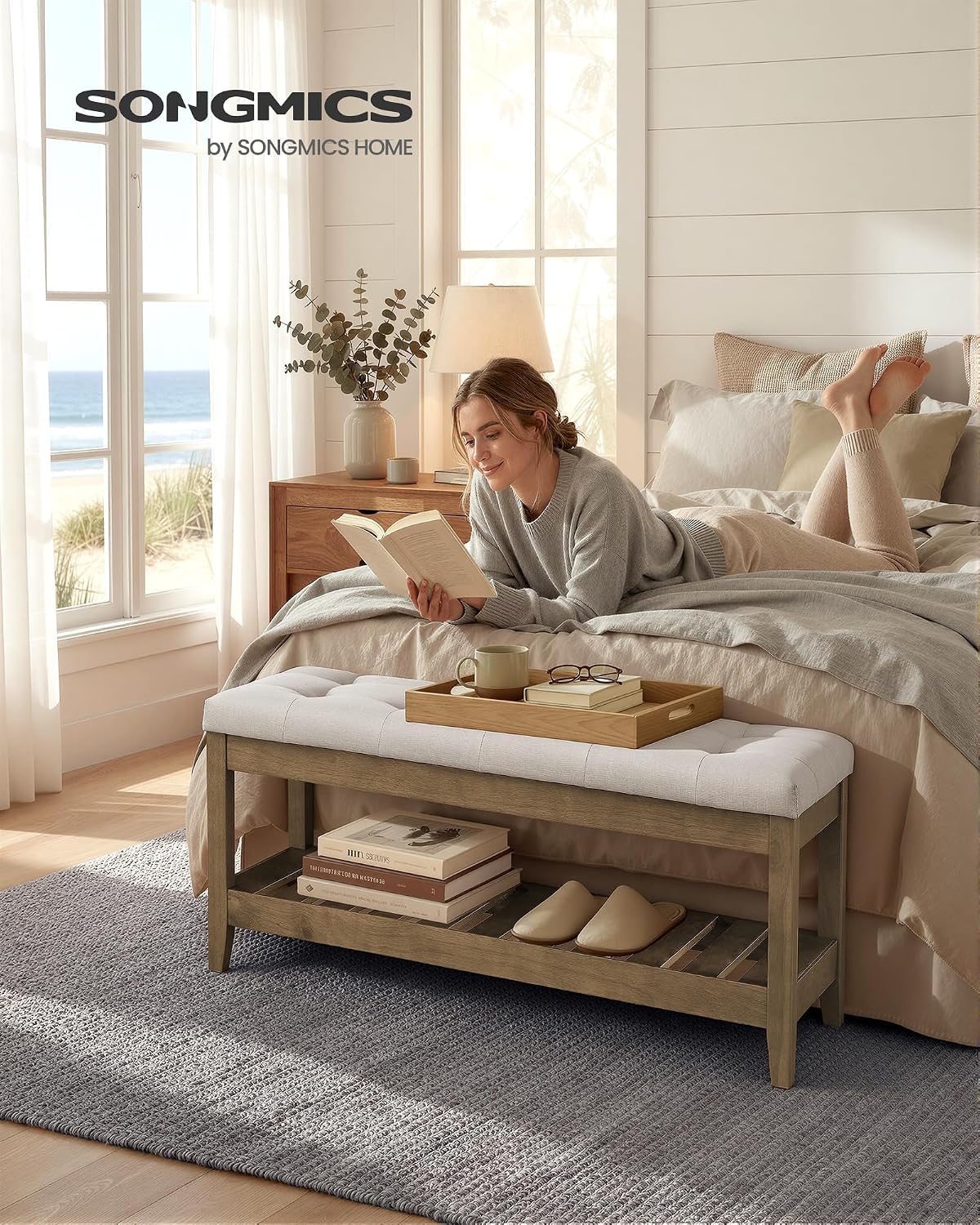 SONGMICS Storage Ottoman with Solid Wood Frame, 42.9 x 15.7 x 17.7 Inches | Upholstered Bed Bench, Footrest, Tufted Cushion, Easy Assembly, Summer Sand, MARY Collection ULSF009LF01