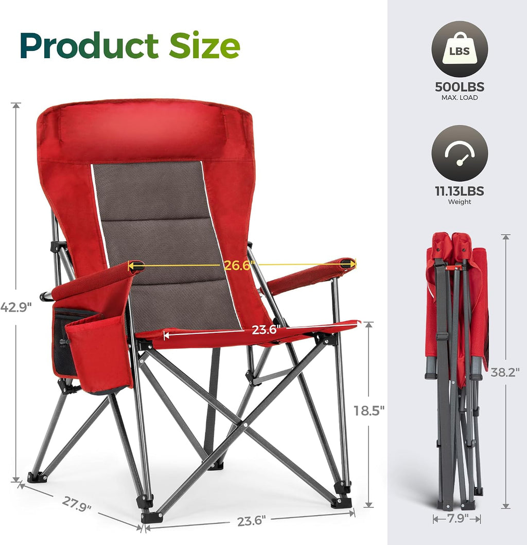 ALPHA CAMP Oversized Folding Camping Chairs for Adults High Backrest Heavy Duty Lawn Chairs Support 500 LBS Portable Camp Chairs with Cup Holders Large Side Pocket Outdoor Chair