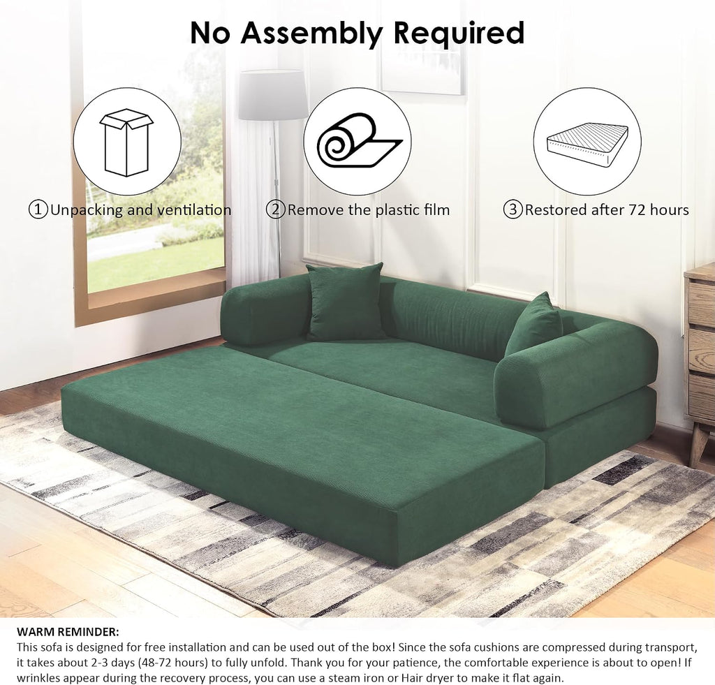 80" Cloud Sleeper Sofa Bed Pull Out Couch, Corduroy Sofa with Side Storage Pocket, Convertible Compression Sofa with Pillows for Living Room Bedroom, Light Green