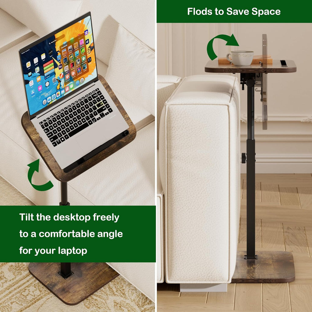 TV Tray Side Table for Couch - 360° Swivel Adjustable Height Rotating Sofa Table C Table End Table Laptop Desk with Phone & Tablet Slot, Perfect for Eating Working Reading, Fits Small Spaces