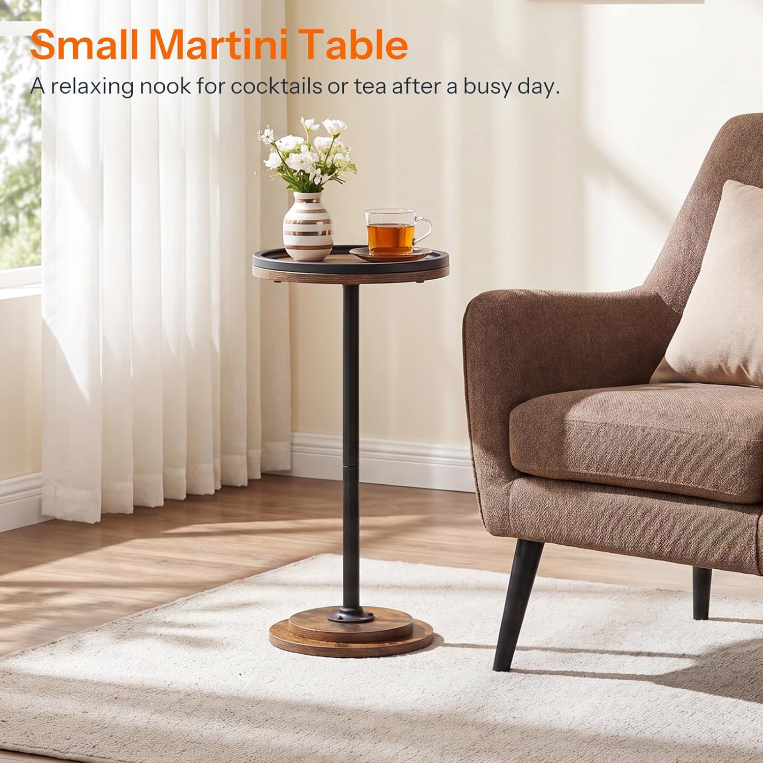 HOOBRO Small Round Side Table, Drink Table, Coffee Martini Table with Pedestal Accent for Small Spaces in Living Room, Bedroom, Sofa Couch, Rustic Brown BF168BZ01