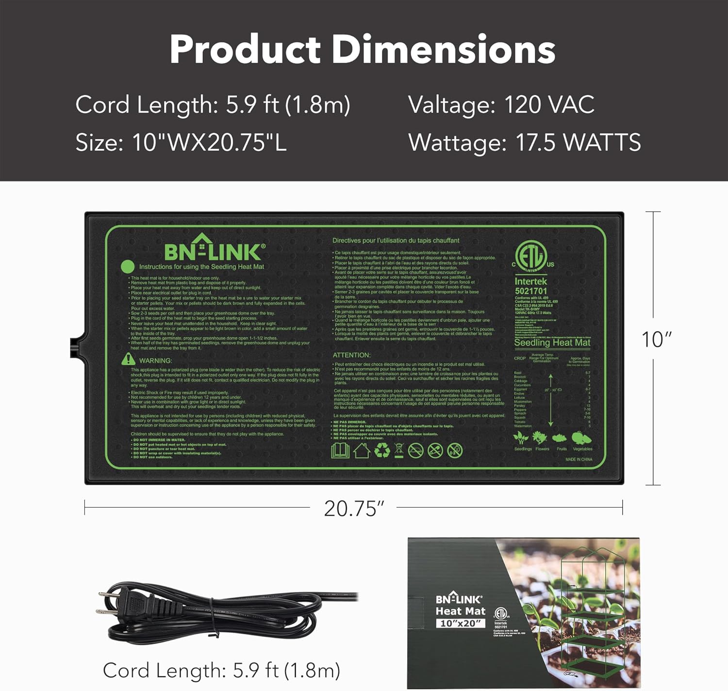 BN-LINK Seedling Heat Mat for Seed Starting 10" x 20.75", 4 Pack Daisy Chainable Waterproof Warming Mat Plant Heating Pad for Seed Germination, Indoor Growing, Hydroponic, Greenhouse, ETL Listed