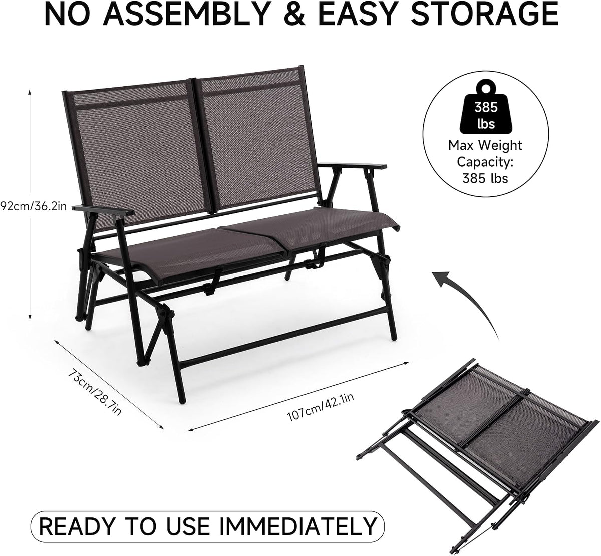 Zedachica 2-Person Outdoor Glider Bench No Assembly Required, Glider Loveseat for Outside Patio with Smooth Rocking, Patio Glider with Steel Frame for Porch Deck Backyard Garden (Loveseat, Darkgrey)