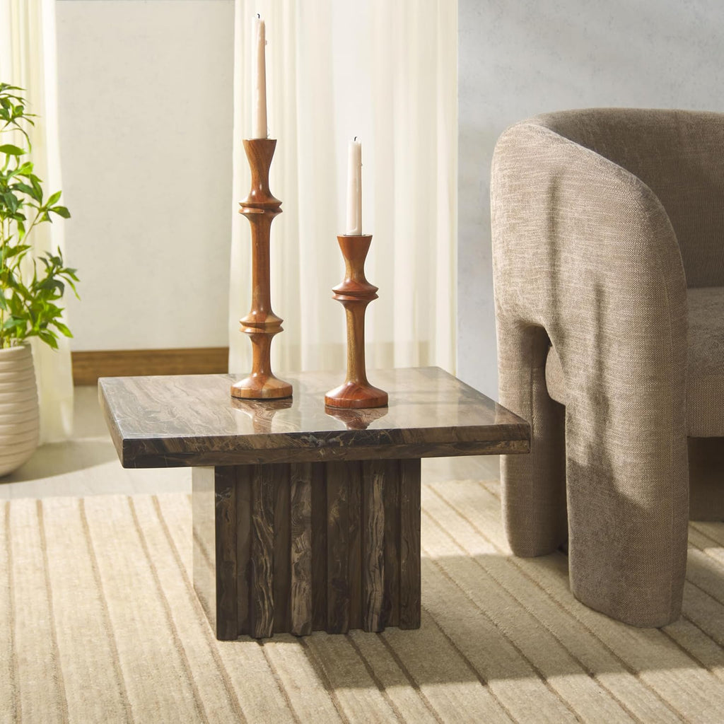 SAFAVIEH Couture Collection - Olivia Brown Marble Accent Table, Square Pedestal Design, Fluted Base Statement Piece (SFV9702B)