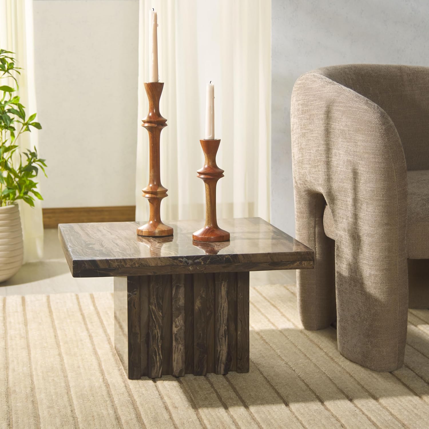 SAFAVIEH Couture Collection - Olivia Brown Marble Accent Table, Square Pedestal Design, Fluted Base Statement Piece (SFV9702B)