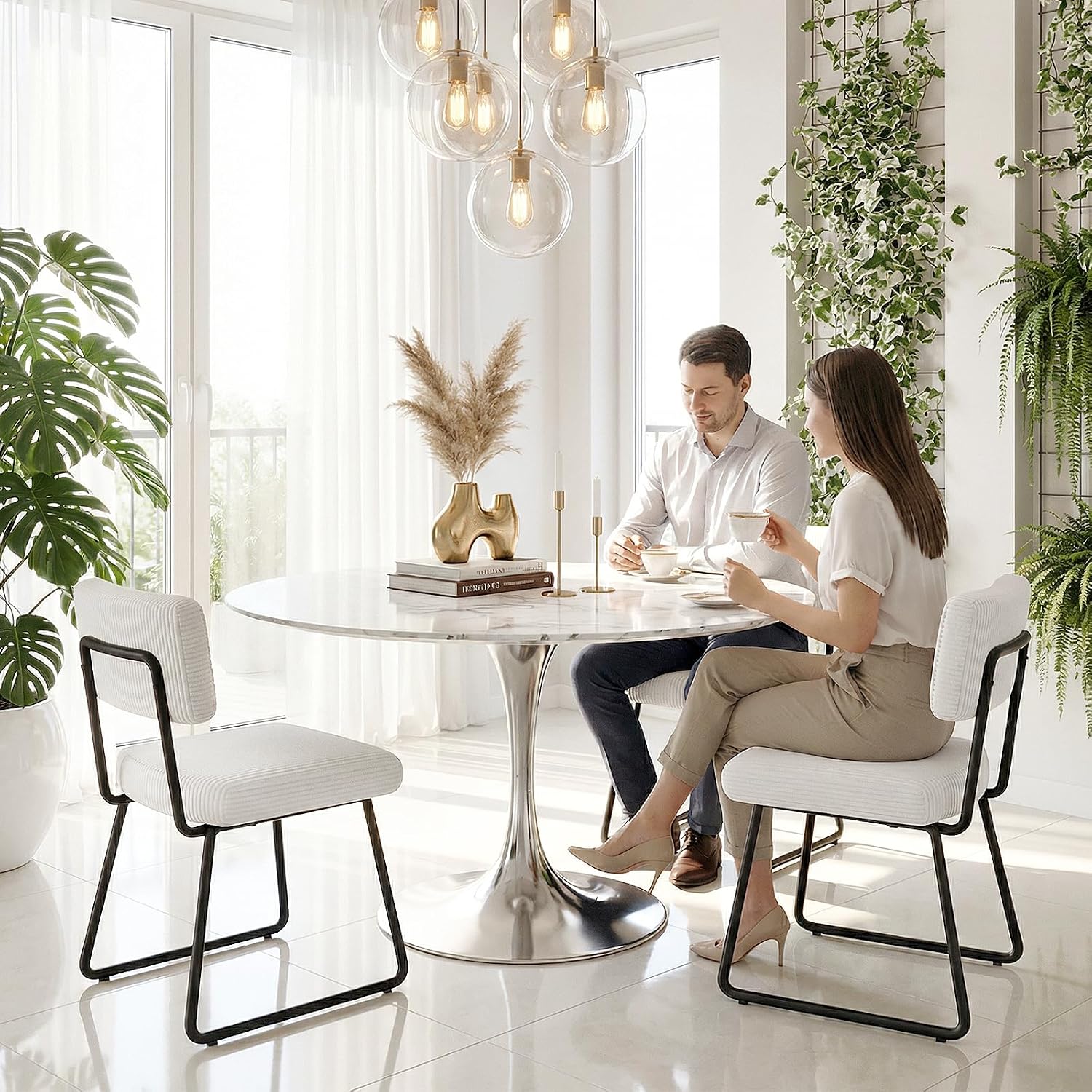 Velvet Dining Chairs Set of 6, Upholstered Dining Room Kitchen Chair with Thick Cushion, Soft Backrest, Metal Legs, Mid Century Modern Accent Side Chair for Home Living Room Bedroom, White