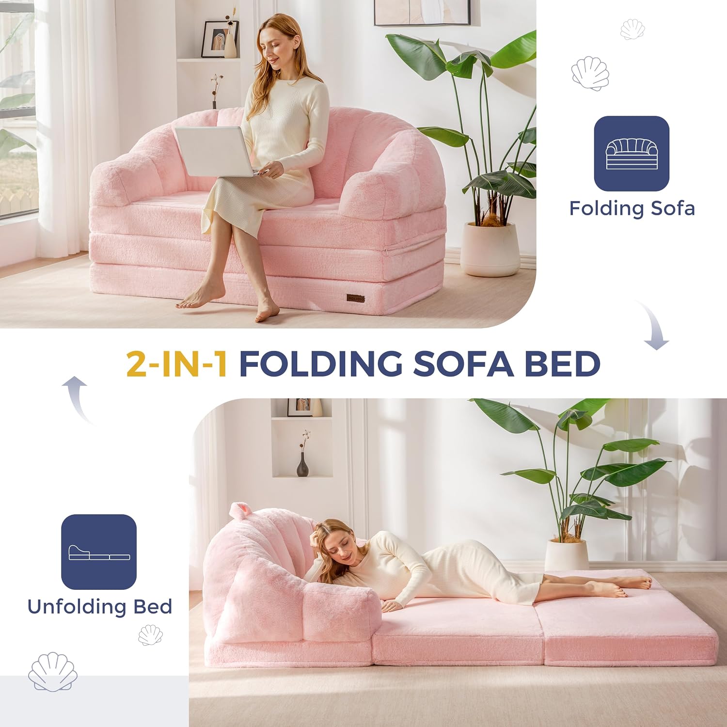 MAXYOYO Folding Sofa Bed, 2 in 1 Convertible Sofa to Lounger | Comfy Loveseat Bean Bag Chair for Adults, Floor Couch with Handle, Faux Fur Couch Bed for Living Room Bedroom, Pink