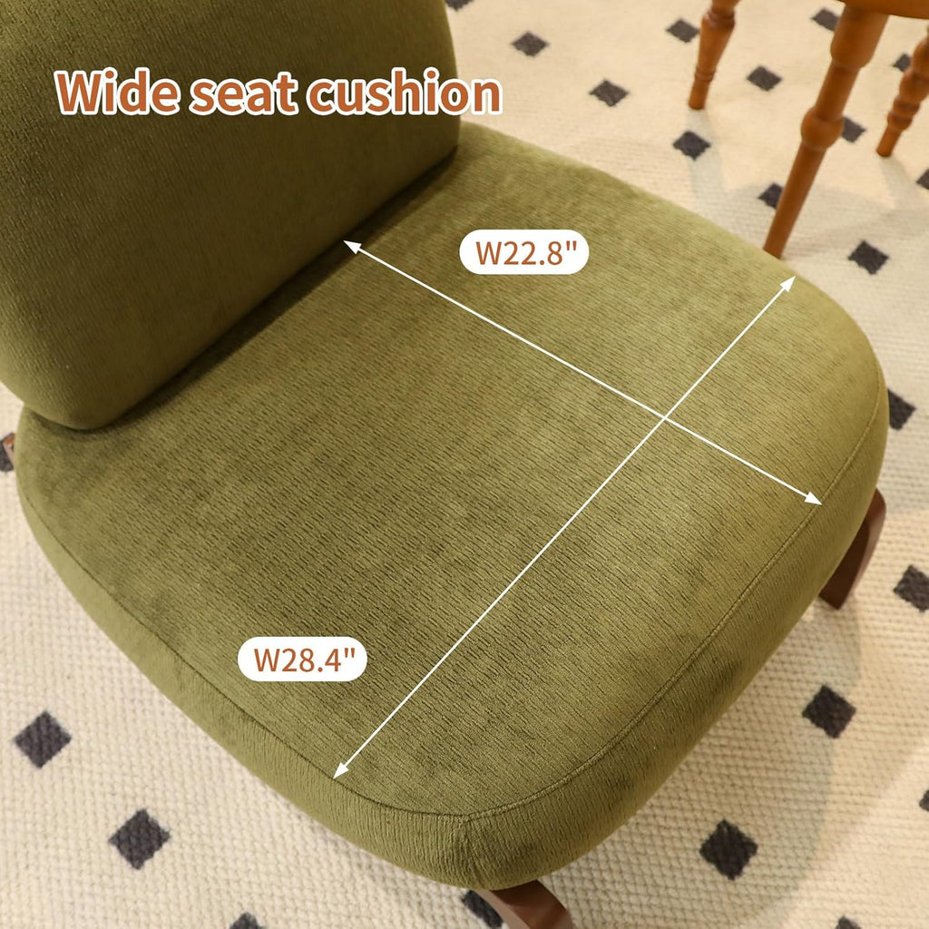 KEIKI Cute Comfy Accent Chair with Solid Wood Legs, Velvet Upholstered Single Sofa Chair for Living Room, Bedroom, Balcony or Waiting Room, Cozy Armless Cloud Chair Design, Green