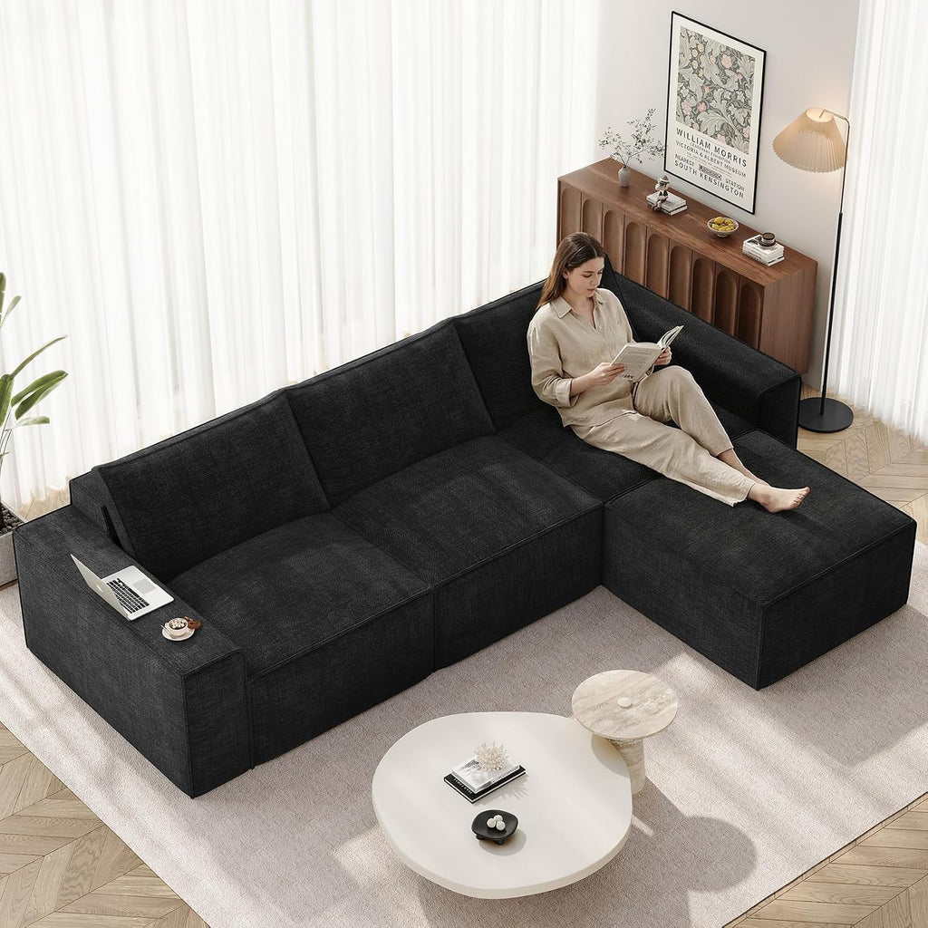 Vesgantti 114" L Shaped Couch, Deep Seat Sectional Sofa, Black | Oversized 3 Seater Modular Couch with Ottoman, Cloud Sofa for Living Room, No Assembly Required, Free Combination, Chenille