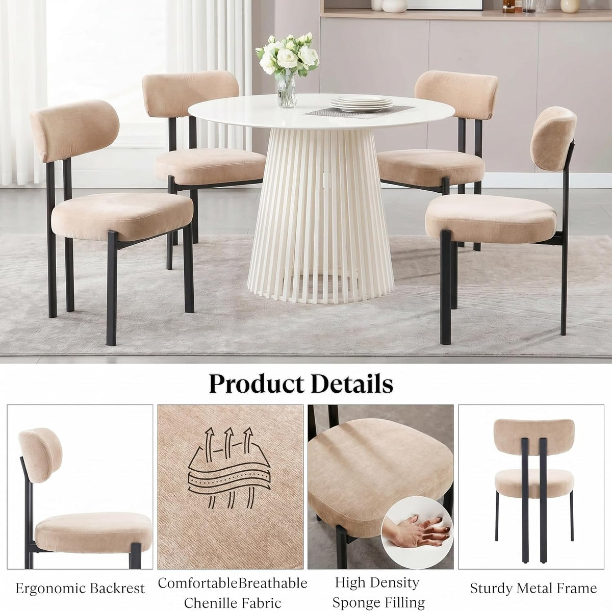 Ya-Home Modern Dining Chairs Set of 2, Chenille Kitchen Chairs, Khaki | Curved Back Upholstered Chairs With Black Metal Legs, Armless Dining Room Chairs Guest Chairs for Restaurant/Home Kitchen