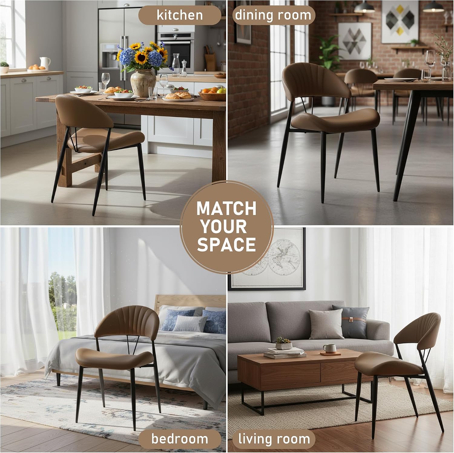 PU Leather Dining Chairs Set of 4, Mid Century Modern Dining Chairs with Stitching, Upholstered Kitchen & Dining Room Chairs with Curved Back and Black Metal Legs (Brown)
