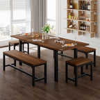 Feonase 5-Piece Dining Table Set for 4-8 People, 63" Extendable Kitchen Table with 2 Benches and 2 Square Stools, Mid-Century Modern Wooden Dining Room Table, Space-Saving, Walnut