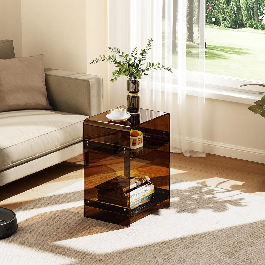Acrylic Record Player Table with Storage Shelf, Clear Side Table Nightstand (Dark Brown, Medium)