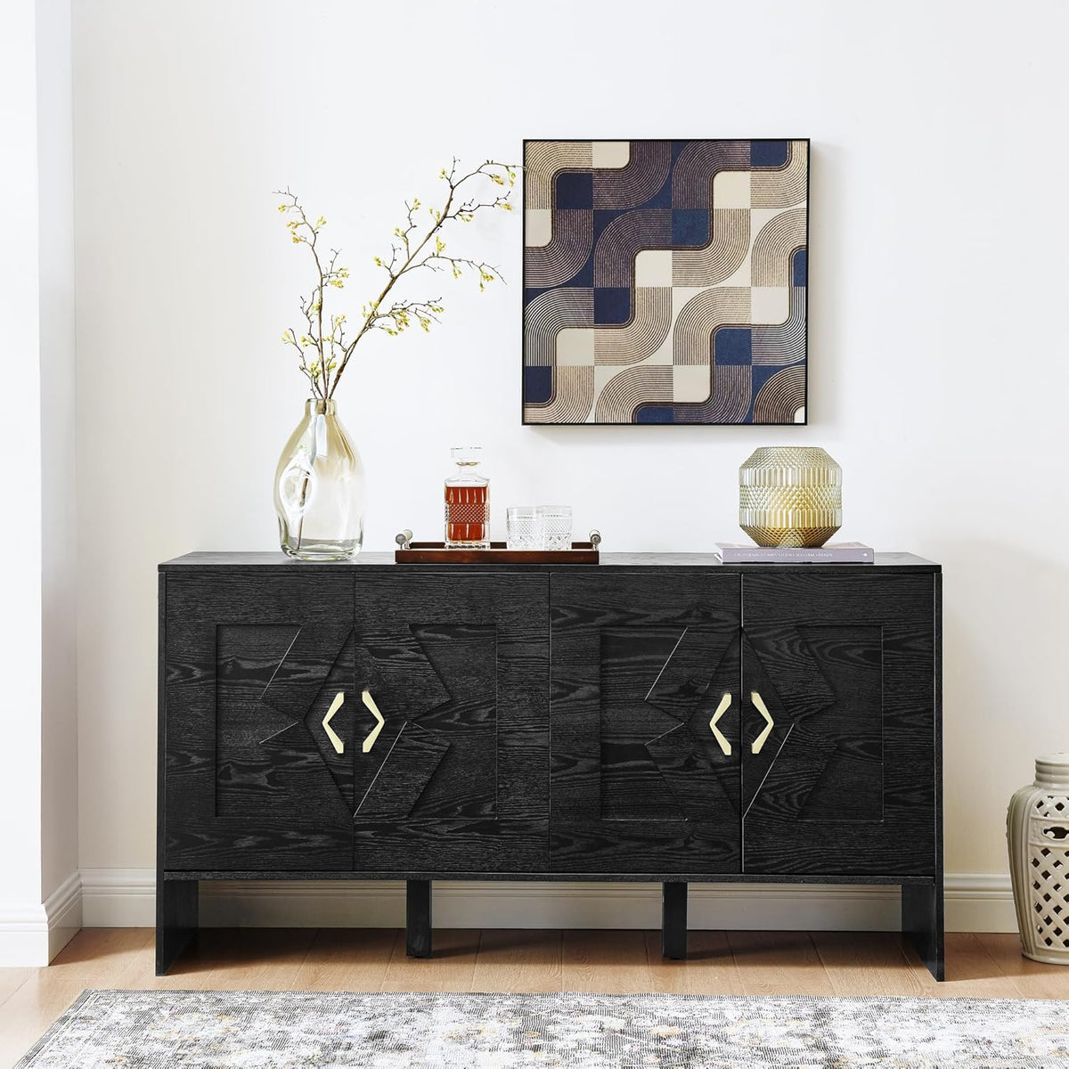 LKTART 60" Black Sideboard Buffet Cabinet,Modern Accent Credenza Storage Cabinet with 4 Doors,Media Console Table for Living Room Entryway