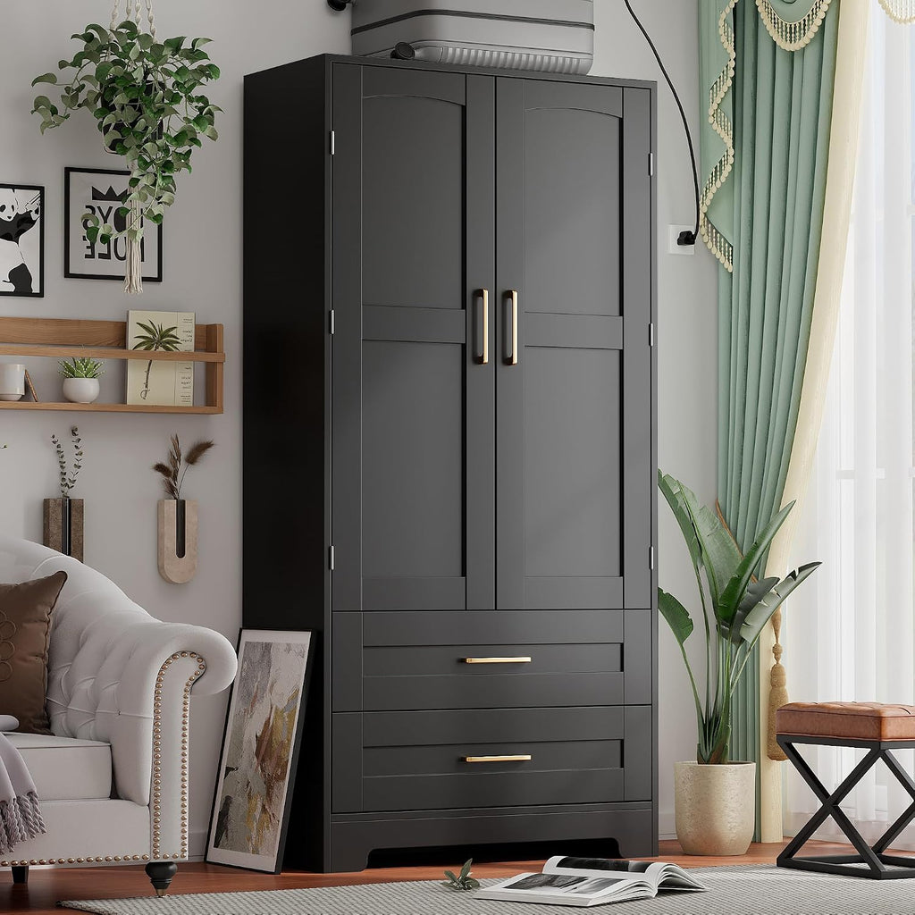 Wooden Armoire Wardrobe Closet, Bedroom Armoires with Door and Drawers, Freestanding Wardrobe Clothing Storage Cabinet with Shelves and Hanging Rod for Bedroom, Laundry Room, Cloak Room（Black）