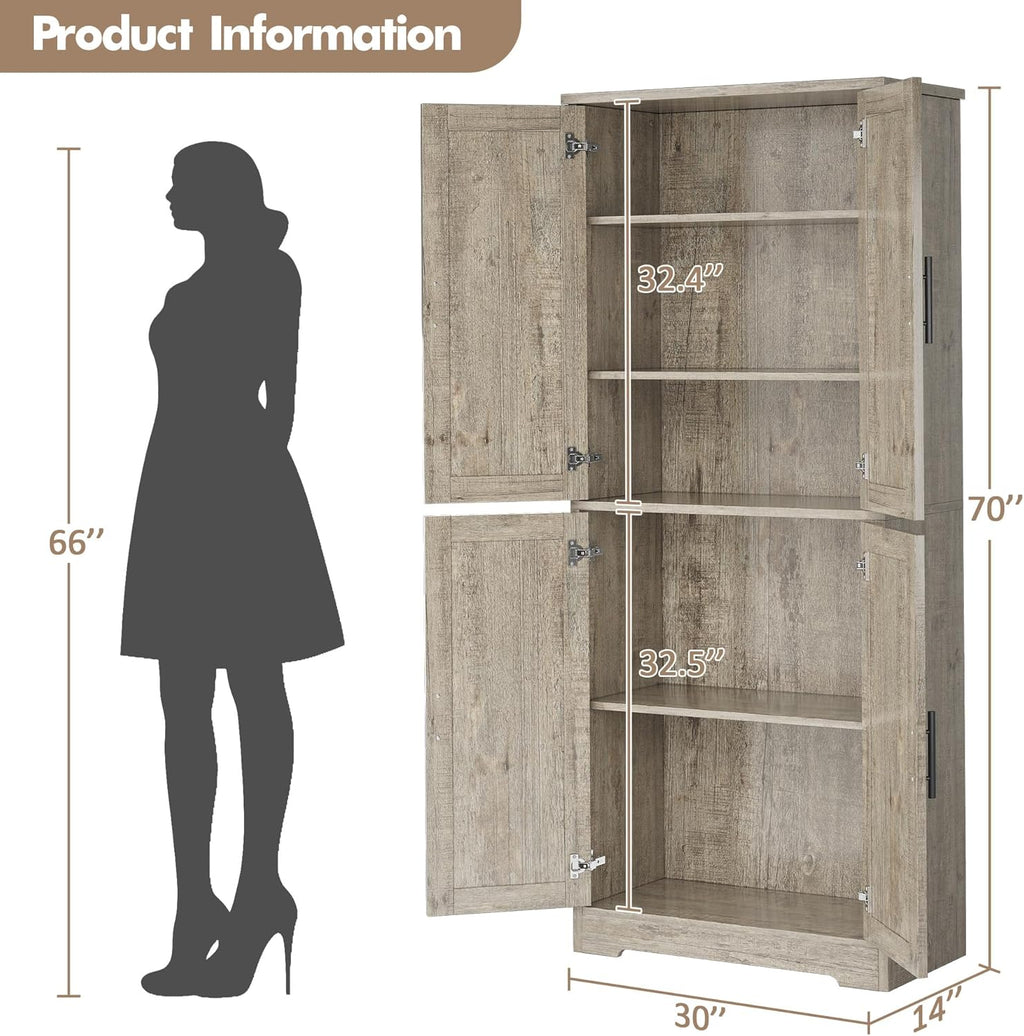 70" Tall Pantry Cabinet, Kitchen Pantry Cabinet with Doors and Adjustable Shelves, Freestanding Cupboard, Tall Storage Cabinet for Bathroom, Dining Room, Living Room, Gray