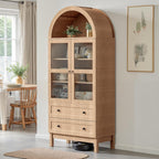 71" Tall Arched Kitchen Pantry, Storage Cabinet with Glass Doors, 2 Large Drawers & 3 Adjustable Shelves, Modern Farmhouse Design for Home Kitchens, Small Homes & Apartments