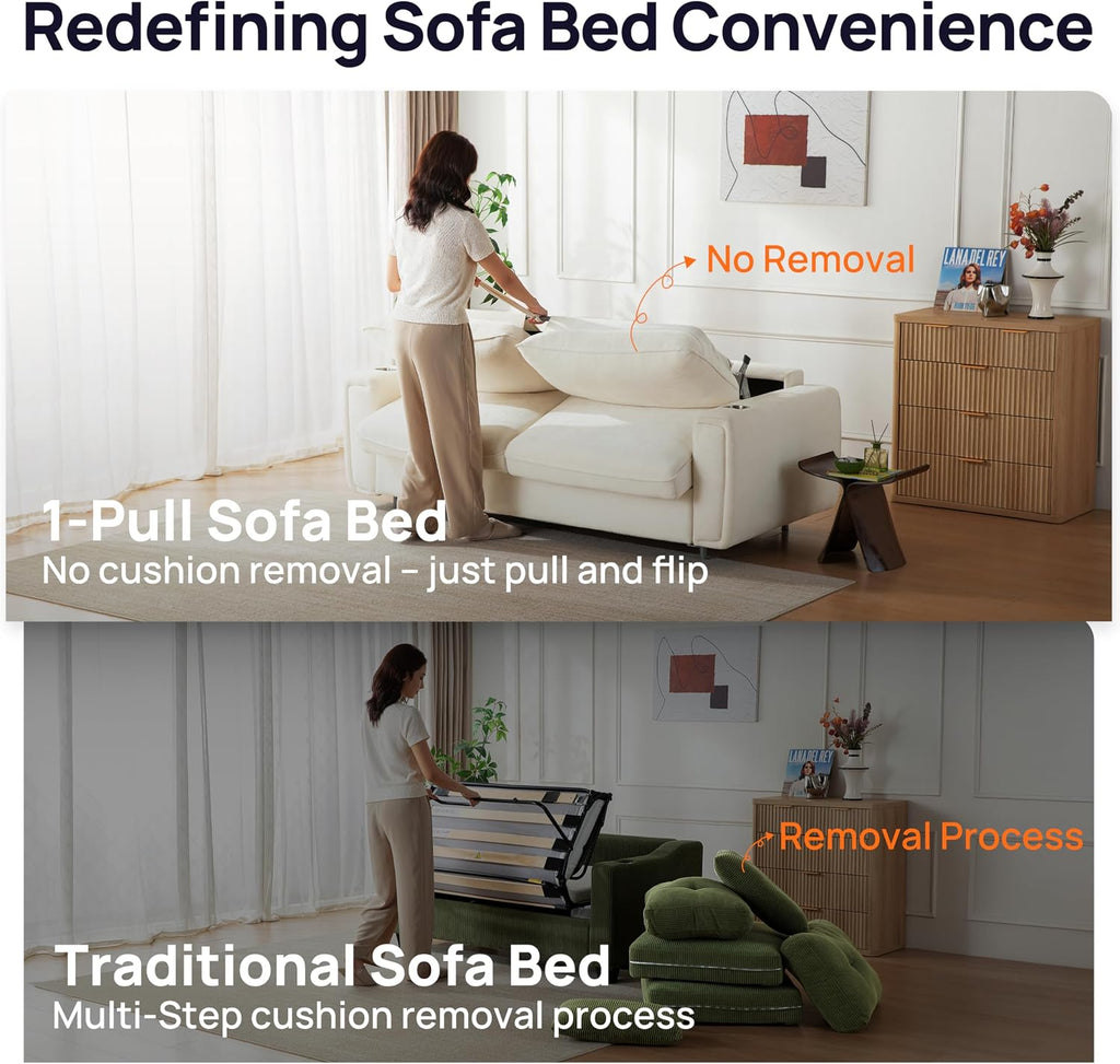 Pull Out Sofa Bed, No Cushion Removal, Queen Sleeper Sofa with USB Fast Charging, Memory Form Mattress, 2-in-1 Convertible Comfy Loveseat Couch Bed for RV, Apartment, and Small Spaces (White)