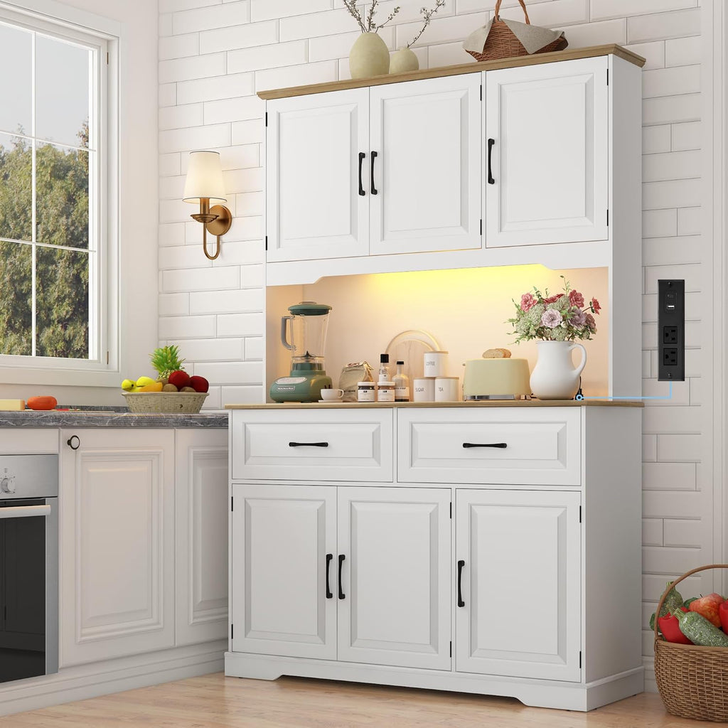 71" Tall 47" Wide Large Pantry Storage Cabinet w/ Power Outlet,LED Light,Farmhouse Kitchen Hutch Food Pantry Cabinet,2 Drawer,8 Doors Shelves,Open Countertop for Kitchens,Dining Room,white