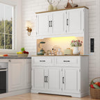 71" Tall 47" Wide Large Pantry Storage Cabinet w/ Power Outlet,LED Light,Farmhouse Kitchen Hutch Food Pantry Cabinet,2 Drawer,8 Doors Shelves,Open Countertop for Kitchens,Dining Room,white