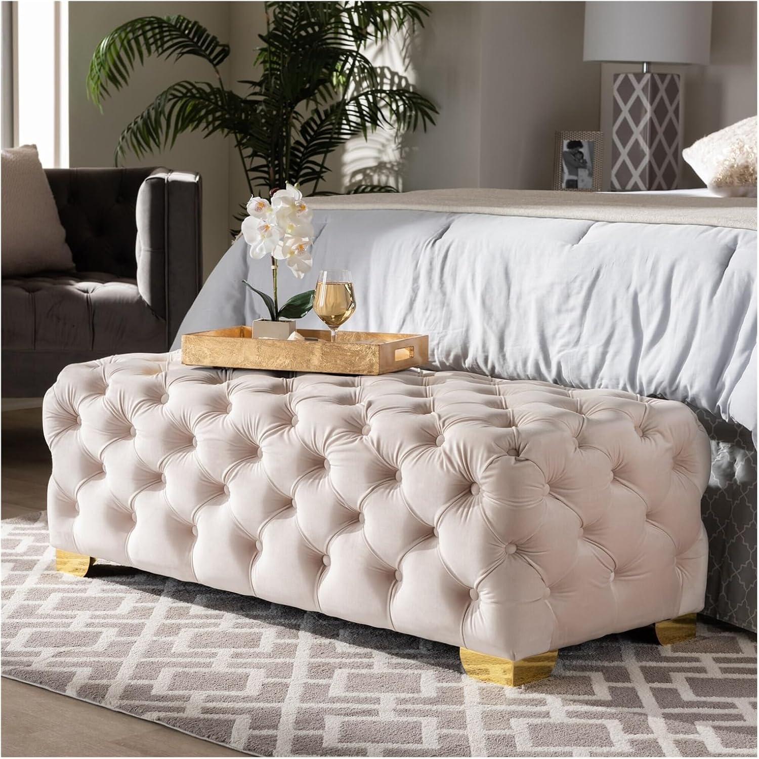 Modern Entryway Bench Rustic Fabric Upholstered Bedroom Seat Button Tufted Ottoman Footrest Stool Entryway(Gris,110 * 45 * 40cm)