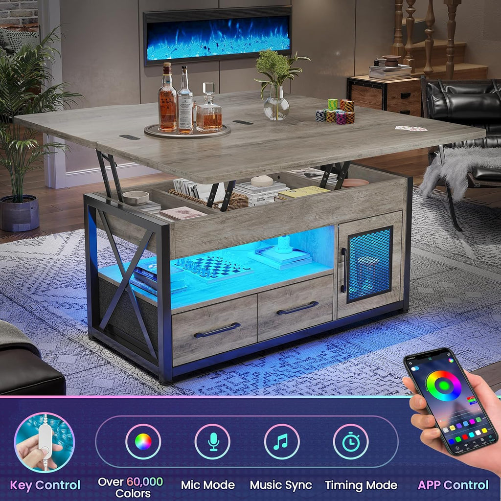 Itaar 40" Lift Top Coffee Table, 4 in 1 Coffee Tables with Storage Cabinet for Living Room, Small Farmhouse Coffee Table with 2 Fabric Drawers & LED Light for Dining Room, Grey