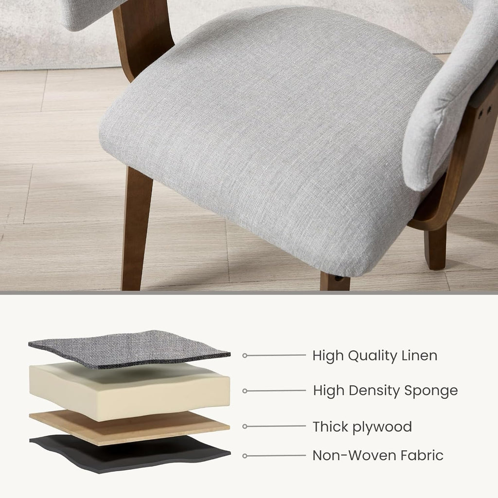 ROCITY Wooden Dining Chairs Set of 4 Modern Fabric Upholstered Dining Room Chairs with Curved Backrest and Walnut Legs for Kitchen,Living Room, Grey