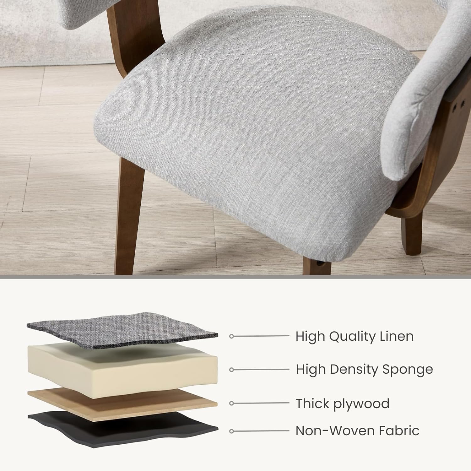 ROCITY Wooden Dining Chairs Set of 4 Modern Fabric Upholstered Dining Room Chairs with Curved Backrest and Walnut Legs for Kitchen,Living Room, Grey