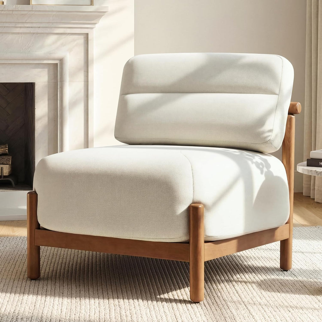 Mid Century Modern Accent Chair, Upholstered Armless Lounge Chair with Wooden Frame and Thick Padded Seat for Living Room, Bedroom,Linen