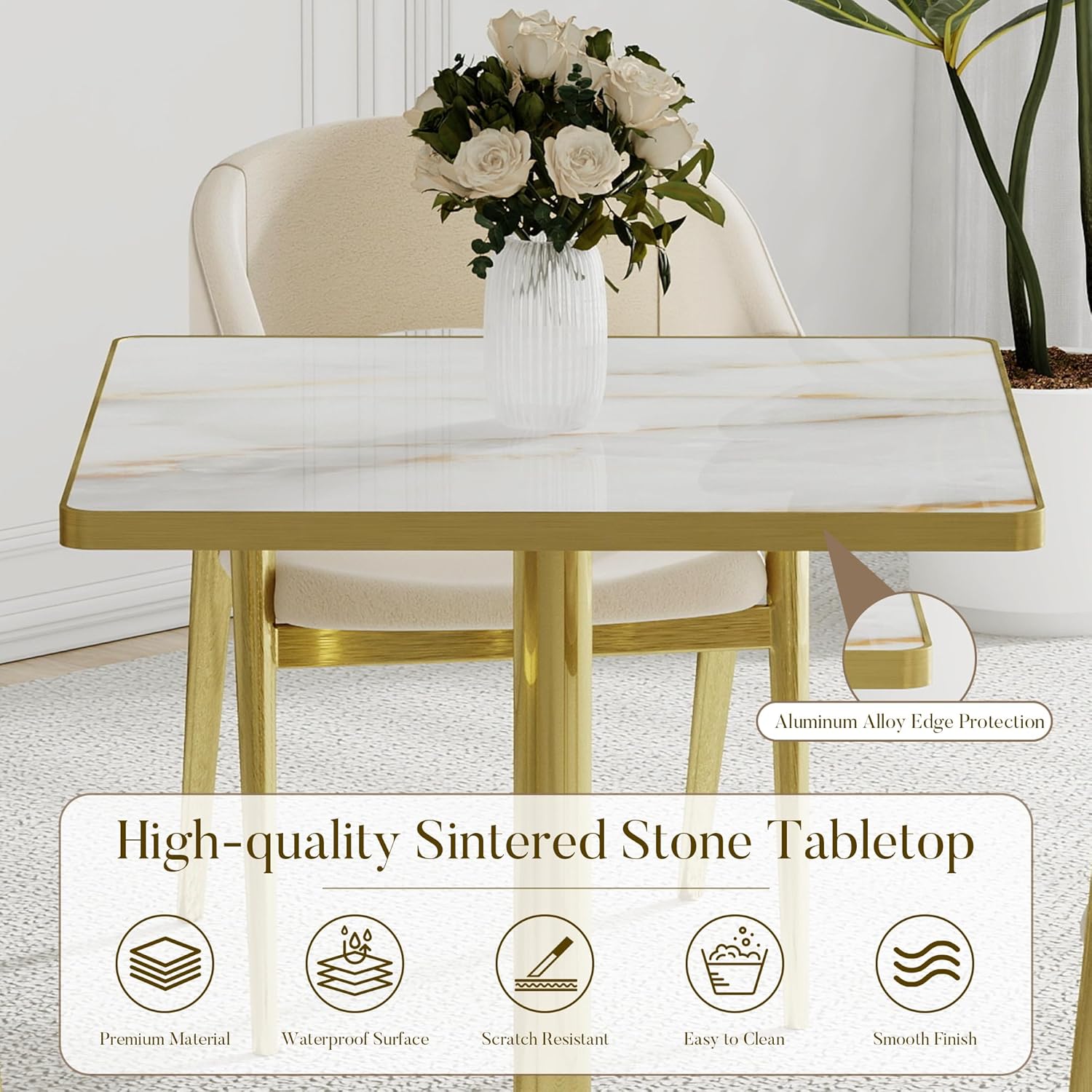 31.5'' Square Modern Dinning Table with Sintered Stone Tabletop, Golden Edge & Pedestal Base, Bistro Tulip Table for 2-4 Person for Dining Room/Cafe/Small Spaces/Restaurant (Crystal Onyx)
