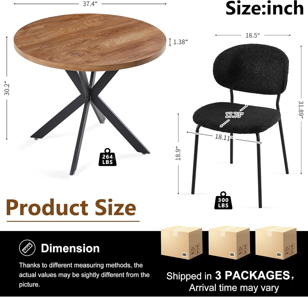 Homedot Kitchen Dining Table Set for 4, Modern Compact Round Dining Breakfast Dinner Table Chairs Set for Apartment Dining Room, Rustic Brown Table with Black Boucle Dining Side Chairs Set