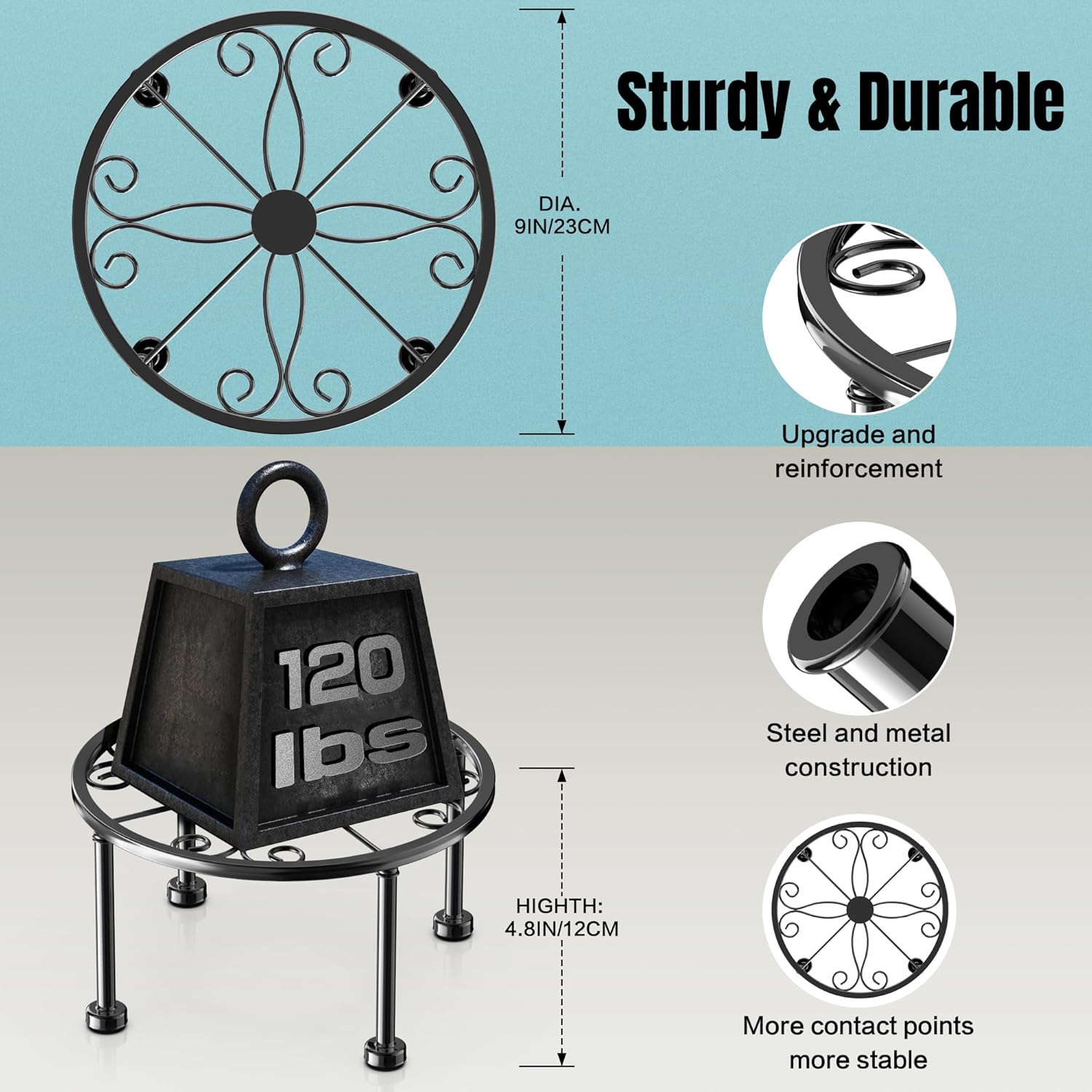 Garden Gifts Plant Lovers Gifts Black Metal Plant Stand with Anti-Slip Base Rustproof Heavy Duty Decorative Round Flower Stand Display Shelf for Indoor/Outdoor