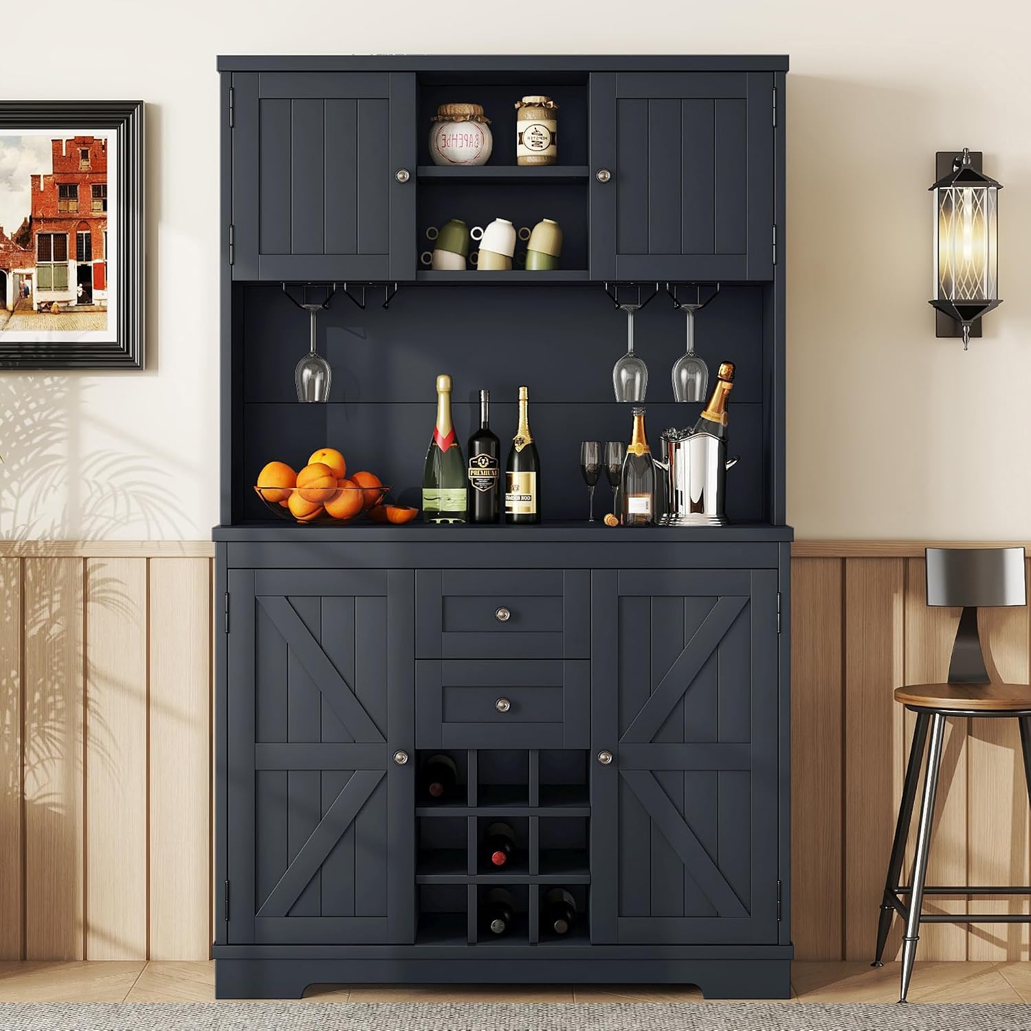 Merax 73.8" Kitchen Pantry Storage Cabinet, Freestanding Larder Cupboard, Kitchen Hutch Cabinet with Drawers Shelves and Cabinets, Buffet Cabinet Wine & Glass Racks for Dining Room, Living Room, Blue