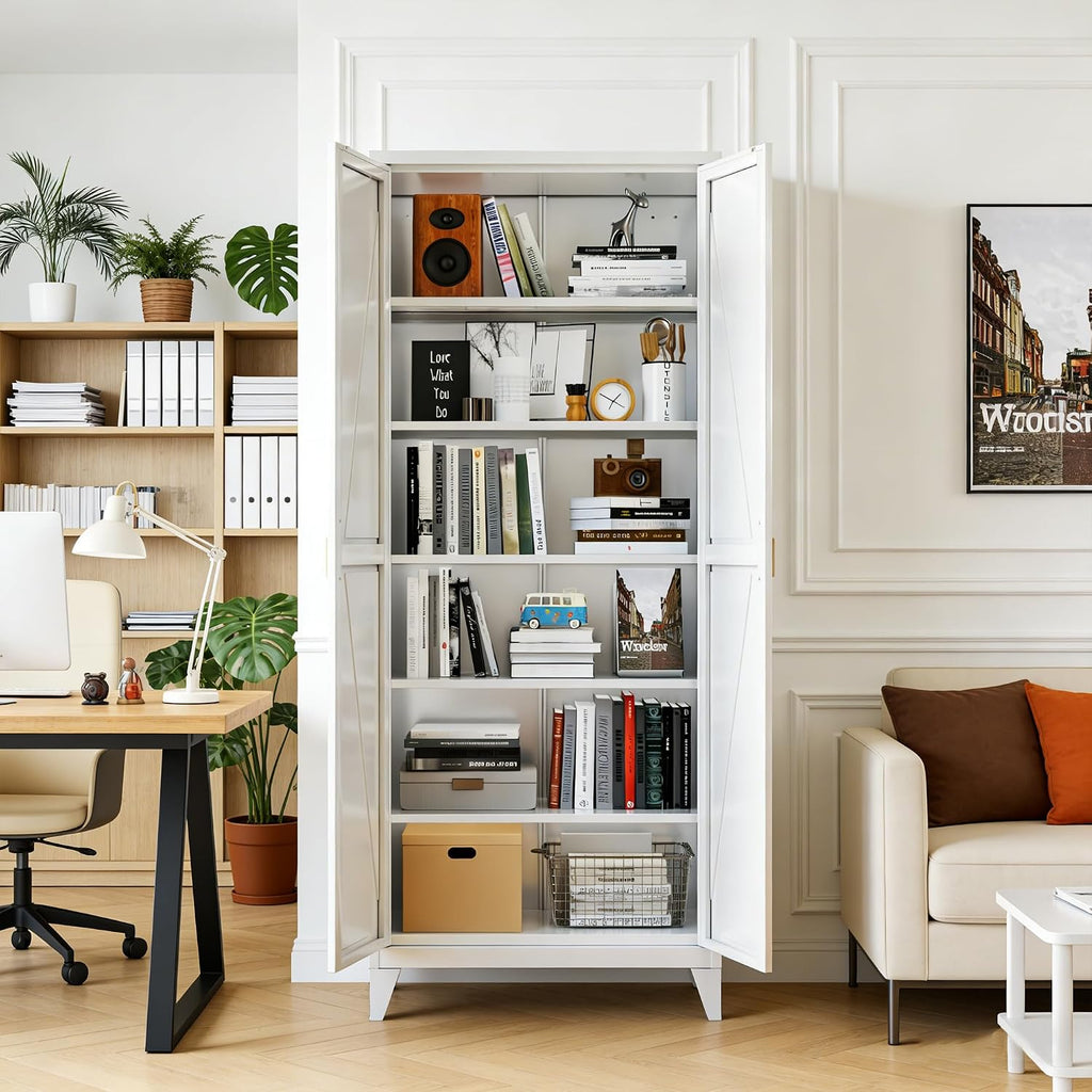 75" Tall Metal Pantry Cabinet, White Kitchen Storage Cupboard with 5 Adjustable Shelves, Heavy Duty Steel Food Organizer for Dining Room, Laundry Room, Living Room, Required Assembly