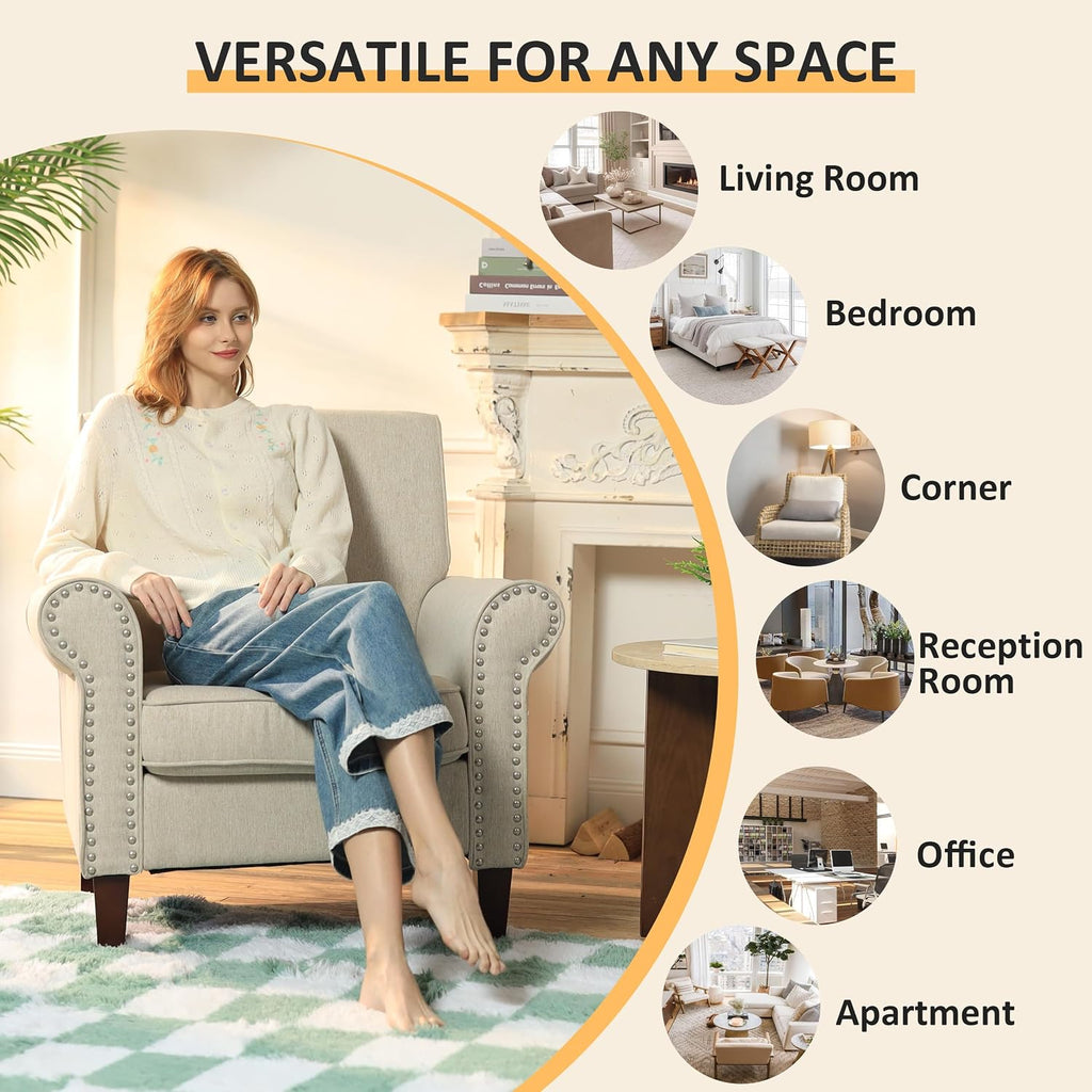 PrimeZone Comfy Accent Chairs Set of 2, Mid-Century Modern Arm Chair, Beige | Soft Cushion, Rolled Armrest, Elegant Nailhead Trim, Sturdy Wood Frame, Ideal for Living Room, Bedroom & Waiting Areas