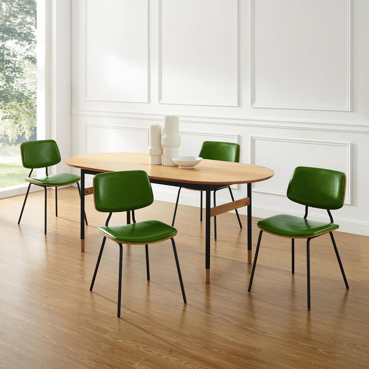Art Leon Dining Chairs Set of 2- Mid Century Modern Faux Leather Dining Room Chairs with Bentwood, Armless Accent Chairs with Black Metal Legs for Kitchen Living Room, Green