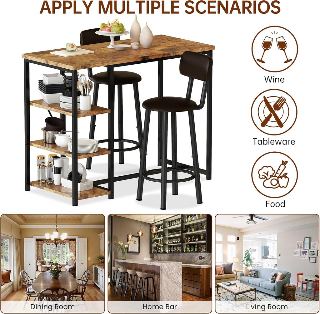 Recaceik Pub Dining Table Set for 2, Table and Bar Stools with 3 Storage Shelves, MDF Board & PU Leather Backrest Chairs, 3 Piece Dining Set for Small Space, Apartment, Kitchen Island, Brown