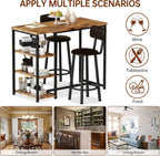 Recaceik Pub Dining Table Set for 2, Table and Bar Stools with 3 Storage Shelves, MDF Board & PU Leather Backrest Chairs, 3 Piece Dining Set for Small Space, Apartment, Kitchen Island, Brown