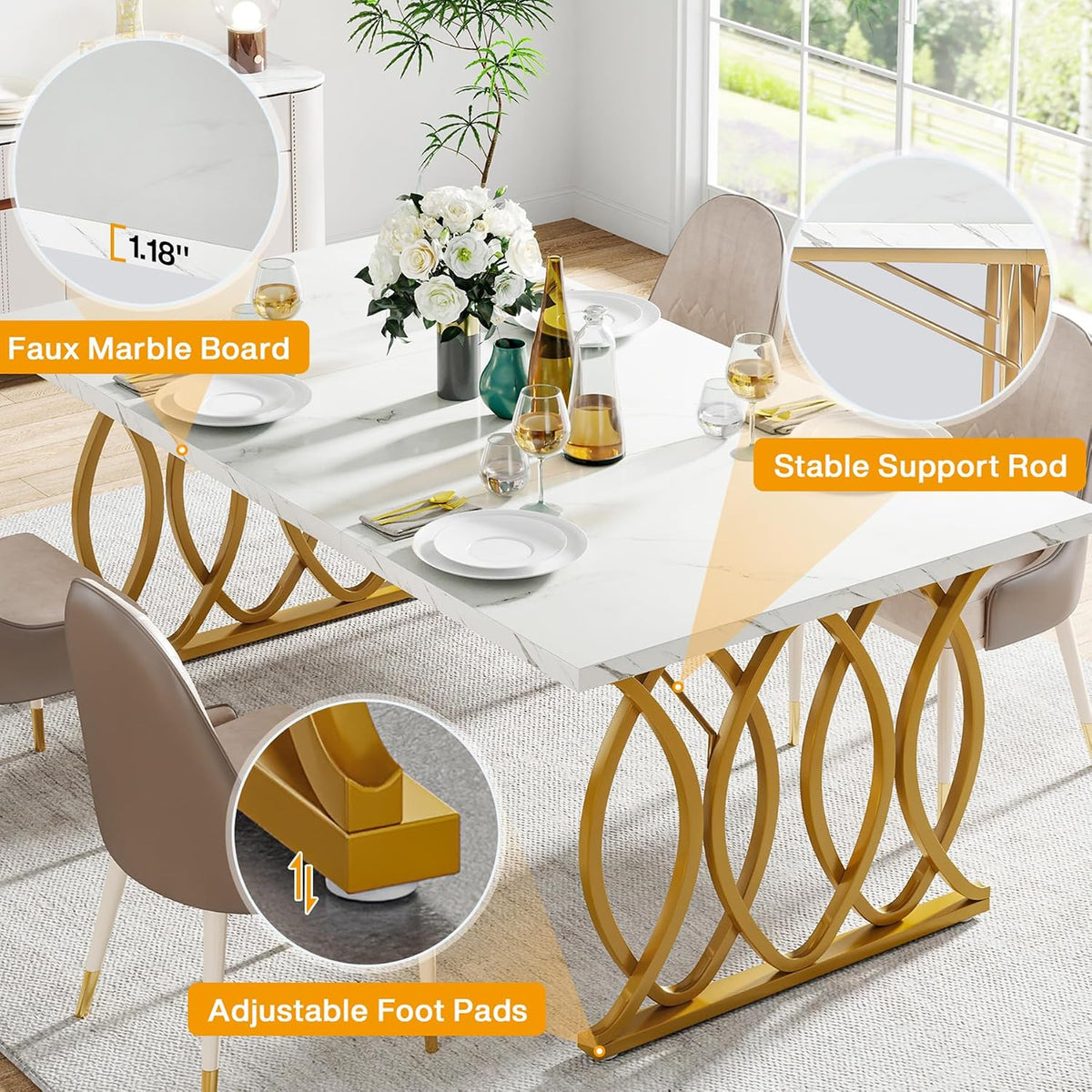 Tribesigns 63" Dining Table for 4 to 6, White and Gold Kitchen Table | Modern Large Rectangular Dinner Table Kitchen & Dining Room Furniture with Faux Marble Tabletop and Geometric Legs