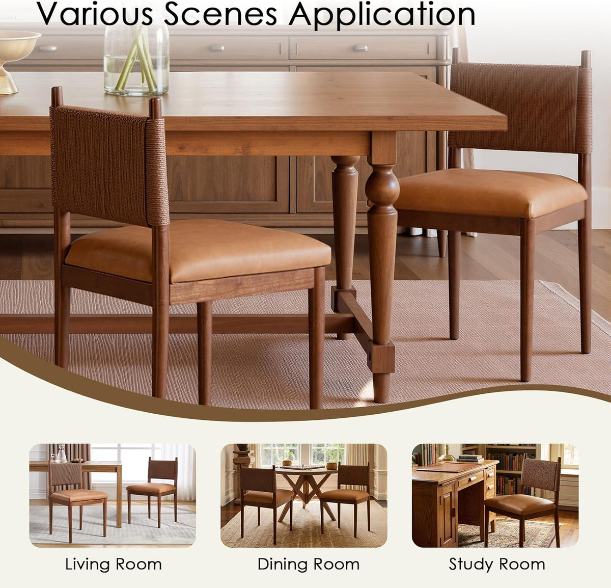 CIMOTA Brown Leather Dining Chairs Set of 2, Mid Century Modern Upholstered Dining Room Chairs with Woven Back, Armless Kitchen Chairs with Walnut Solid Wood Legs, PU