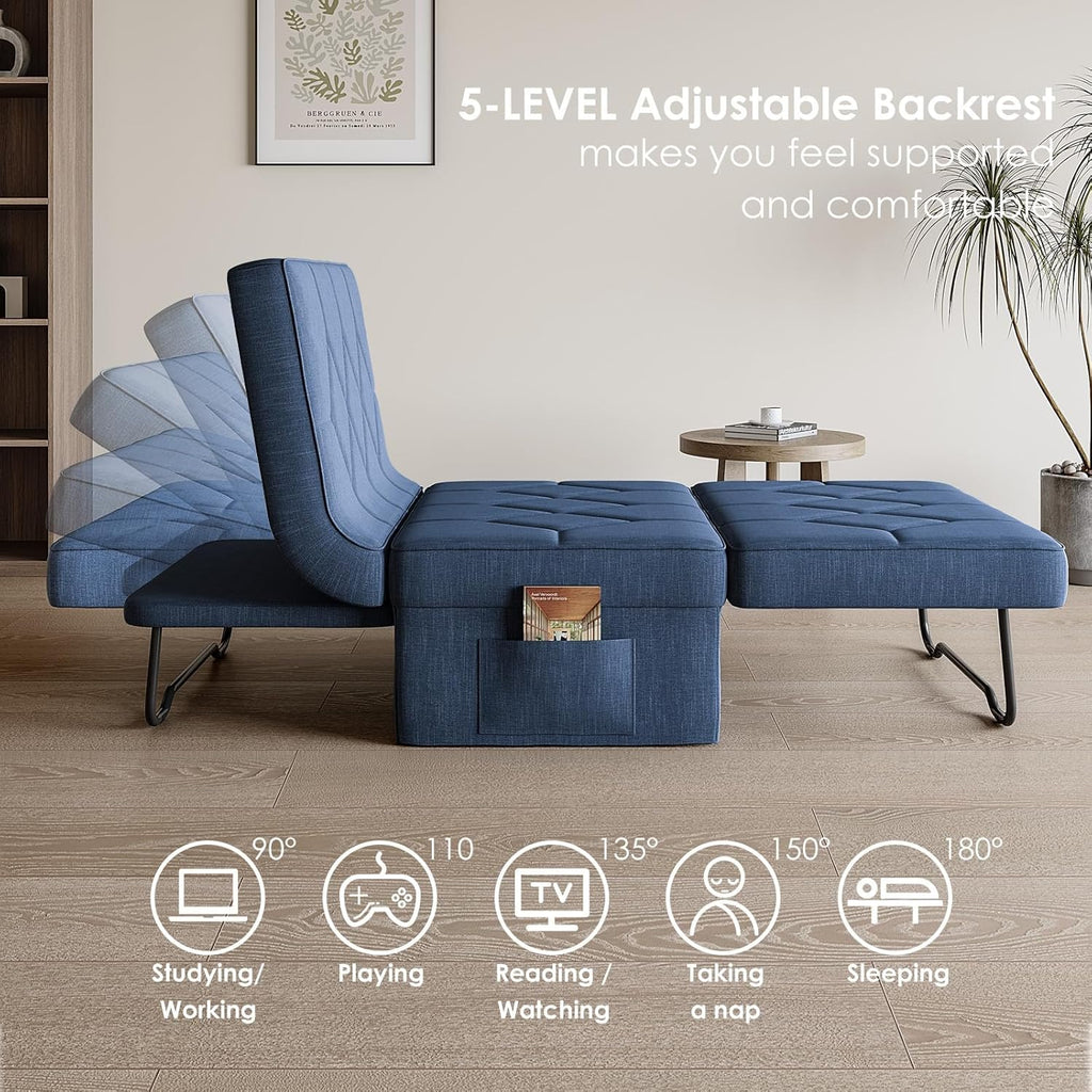 28" Folding Sofa Bed with 5-Level Adjustable Backrest, Navy Blue | 4-in-1 Convertible Sleeper Chair Bed, Modern Single Futon Couch, Ottoman Bed for Living Room, Apartment, Dorm & Small Space