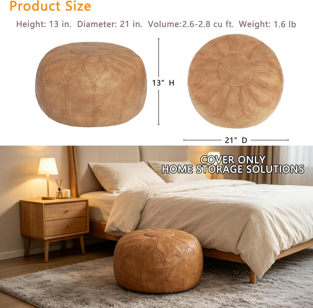 Thgonwid Unstuffed Moroccan Faux Leather Pouf Ottoman Cover with Storage - Boho Chic Multi-Use Footrest for Living Room, Bedroom, Patio - Round Ethnic Floor Cushion & Decorative Accent, Khaki