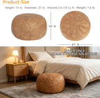 Thgonwid Unstuffed Moroccan Faux Leather Pouf Ottoman Cover with Storage - Boho Chic Multi-Use Footrest for Living Room, Bedroom, Patio - Round Ethnic Floor Cushion & Decorative Accent, Khaki