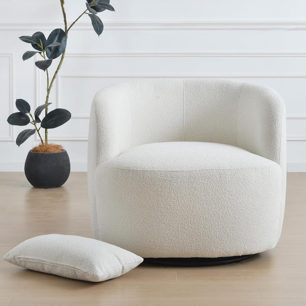 KINWELL 34" W Sherpa Swivel Barrel Accent Chair with Pillow, Cream