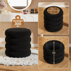 Soft Teddy Round Ottoman with Tray, 17.5 Inches Ottoman Coffee Table with Storage for Living Room, Vanity Stool with Storage Bedroom, Load up to 300 lb, No Assembly Required (Black)