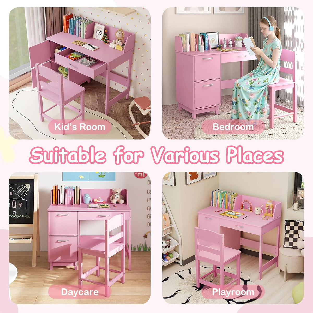 GLACER Kids Desk and Chair Set, Children’s School Study Table w/Storage Hutch, Drawer & Cabinets, Wooden Student Writing & Computer Desk for Bedroom, Study Room & Homeschool for Ages 3-8 (Pink)