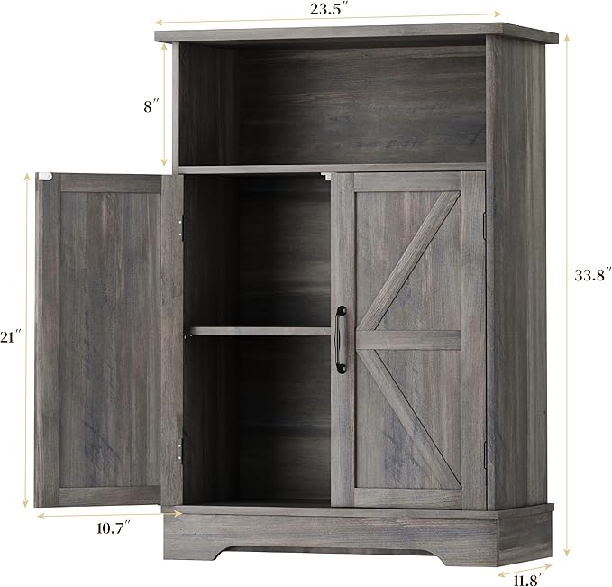 Smuxee Farmhouse Freestanding Cabinet Organizer with Barn Door and Adjustable Shelf, Wash Grey, for Bathroom, Kitchen, Living Room